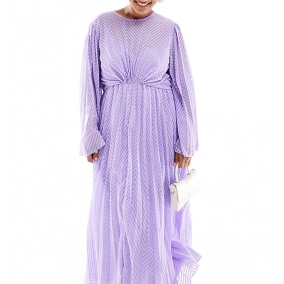 ASOS DESIGN Curve Pleated Chevron Chiffon Midi Dress Fluted Sleeve Lilac Plus 24 - Picture 14 of 14